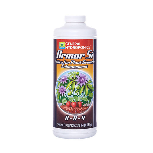 Liquid silica fertilizer bottle from General Hydroponics Armor Si for plant growth enhancement, shown in 1-quart size.