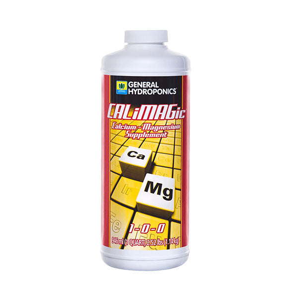 Liquid fertilizer bottle of General Hydroponics CALiMAGic calcium-magnesium supplement by Perris Hydroponics, 1 quart size.