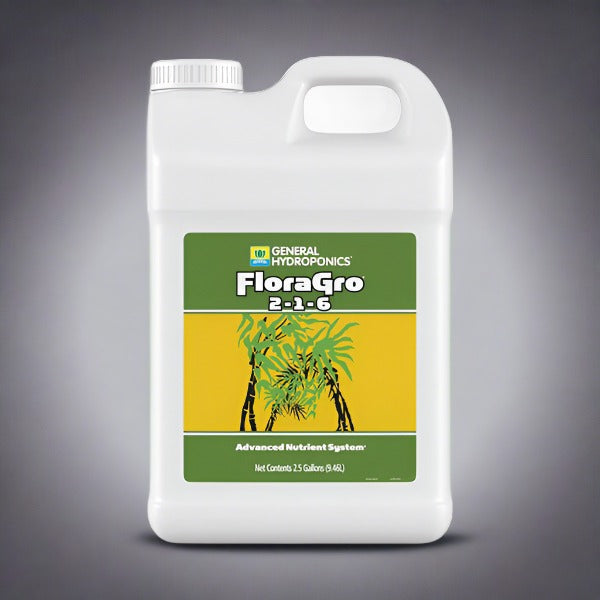 General Hydroponics FloraGro liquid fertilizer in 2.5-gallon container, part of Perris Hydroponics FloraSeries nutrient system.