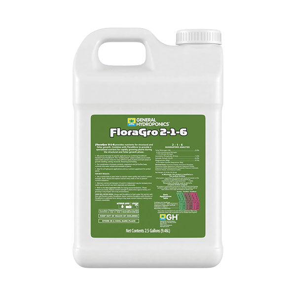 Liquid fertilizer bottle labeled General Hydroponics FloraGro 2.5 gallon from Perris Hydroponics, part of the FloraSeries advanced nutrient system.
