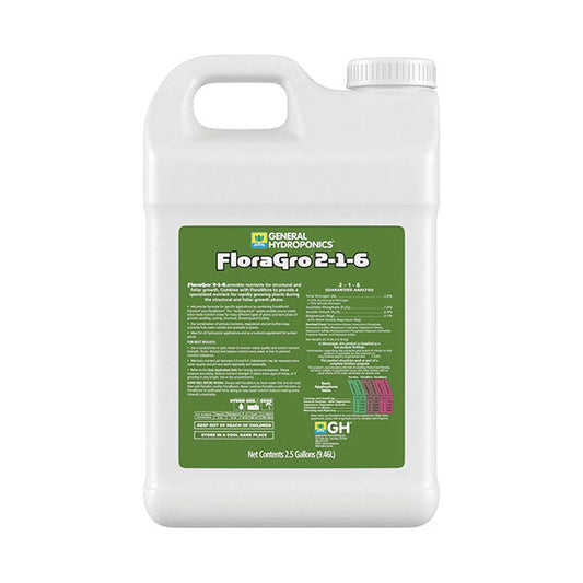 Liquid fertilizer bottle labeled General Hydroponics FloraGro 2.5 gallon from Perris Hydroponics, part of the FloraSeries advanced nutrient system.