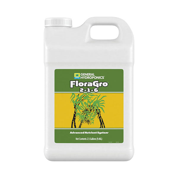 Liquid fertilizer bottle of General Hydroponics FloraGro 2.5-gallon size from Perris Hydroponics, part of the FloraSeries advanced nutrient system.