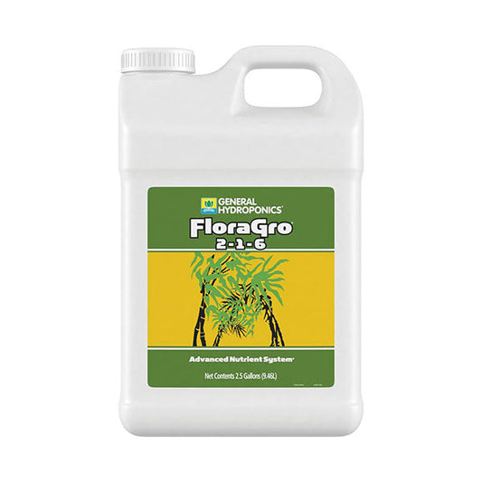 Liquid fertilizer bottle of General Hydroponics FloraGro 2.5-gallon size from Perris Hydroponics, part of the FloraSeries advanced nutrient system.