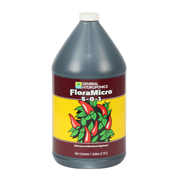 General Hydroponics FloraMicro liquid fertilizer from Perris Hydroponics, 1-gallon bottle, part of FloraSeries advanced nutrient system.