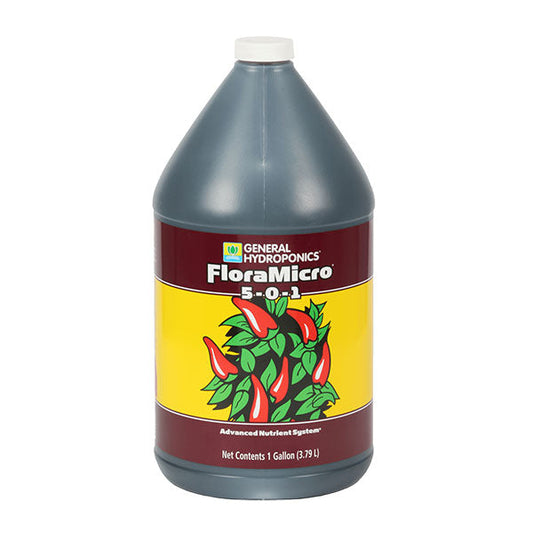 General Hydroponics FloraMicro liquid fertilizer from Perris Hydroponics, 1-gallon bottle, part of FloraSeries advanced nutrient system.