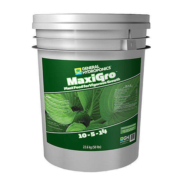 General Hydroponics MaxiGro dry fertilizer 50lb bag, nutrient-rich plant food for vigorous growth, ideal for hydroponic gardening.