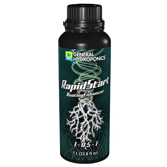 General Hydroponics RapidStart rooting enhancer liquid fertilizer in 1-liter bottle, used for promoting healthy plant roots.