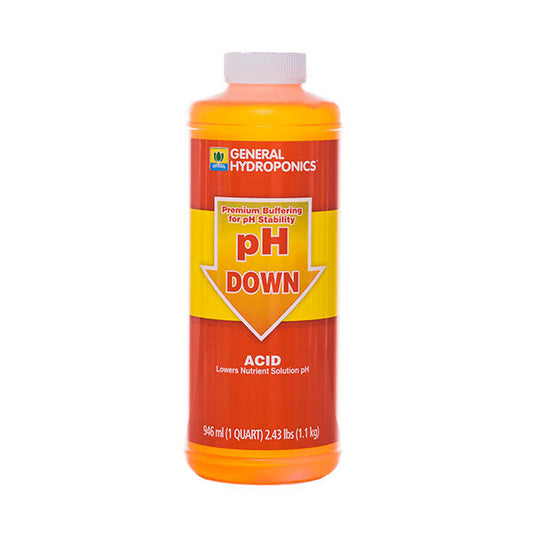 Liquid pH Down from General Hydroponics, a 1-quart bottle of acidity solution for pH adjustment in hydroponic systems.