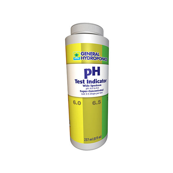 General Hydroponics pH Test Kit by Perris Hydroponics showing the super concentrated pH indicator for testing pH levels 4.0 to 8.5.