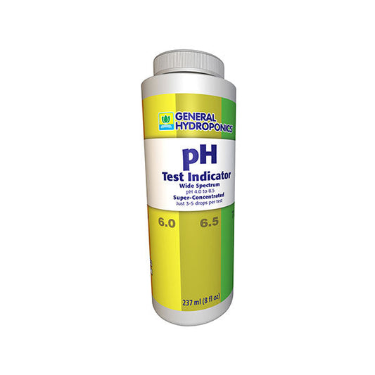 General Hydroponics pH Test Kit by Perris Hydroponics showing the super concentrated pH indicator for testing pH levels 4.0 to 8.5.