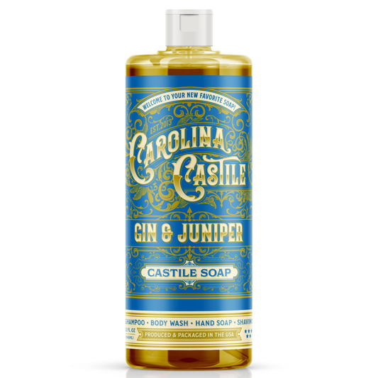 32 oz bottle of Carolina Castile Soap with gin and juniper scent, showcasing the natural liquid soap with botanical ingredients.