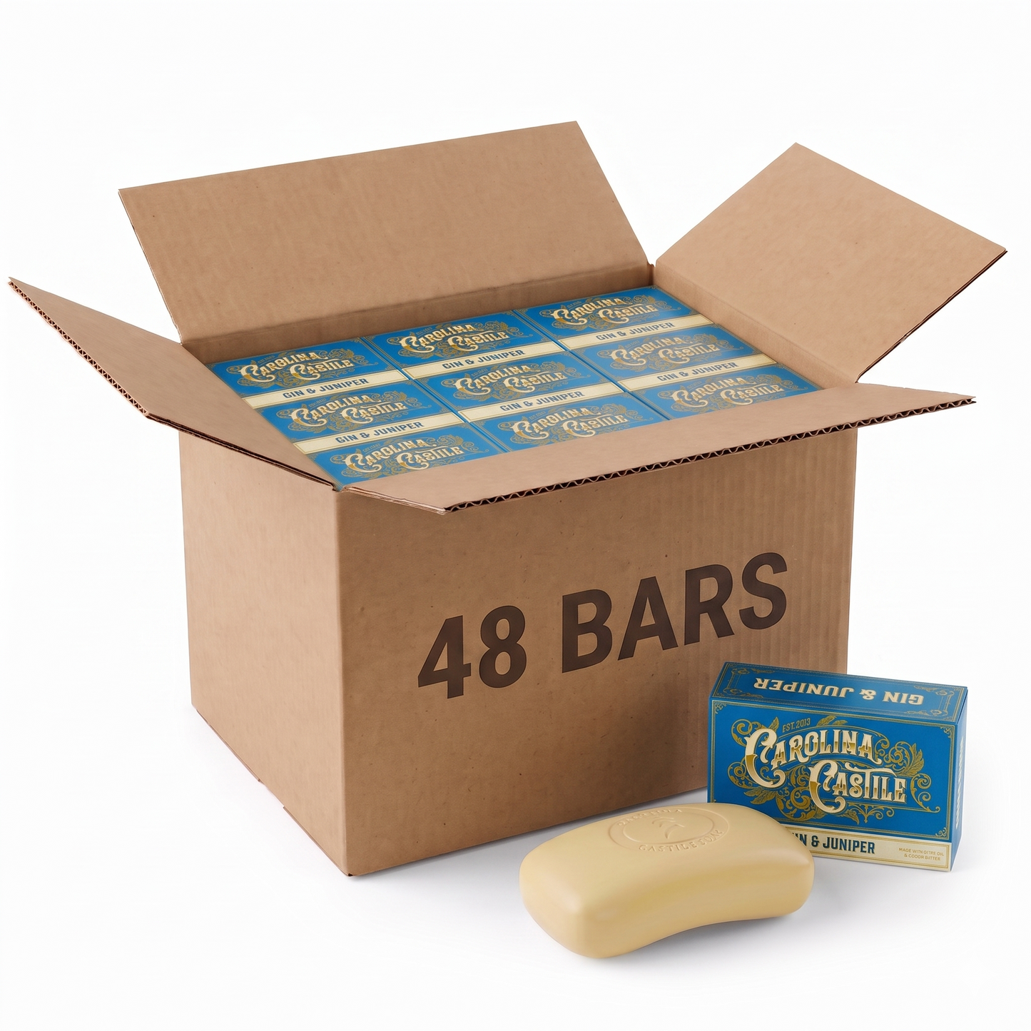 Set of 48 Carolina Castile Soap Gin & Juniper scented bar soaps in individual packaging, featuring natural ingredients and a refreshing design.