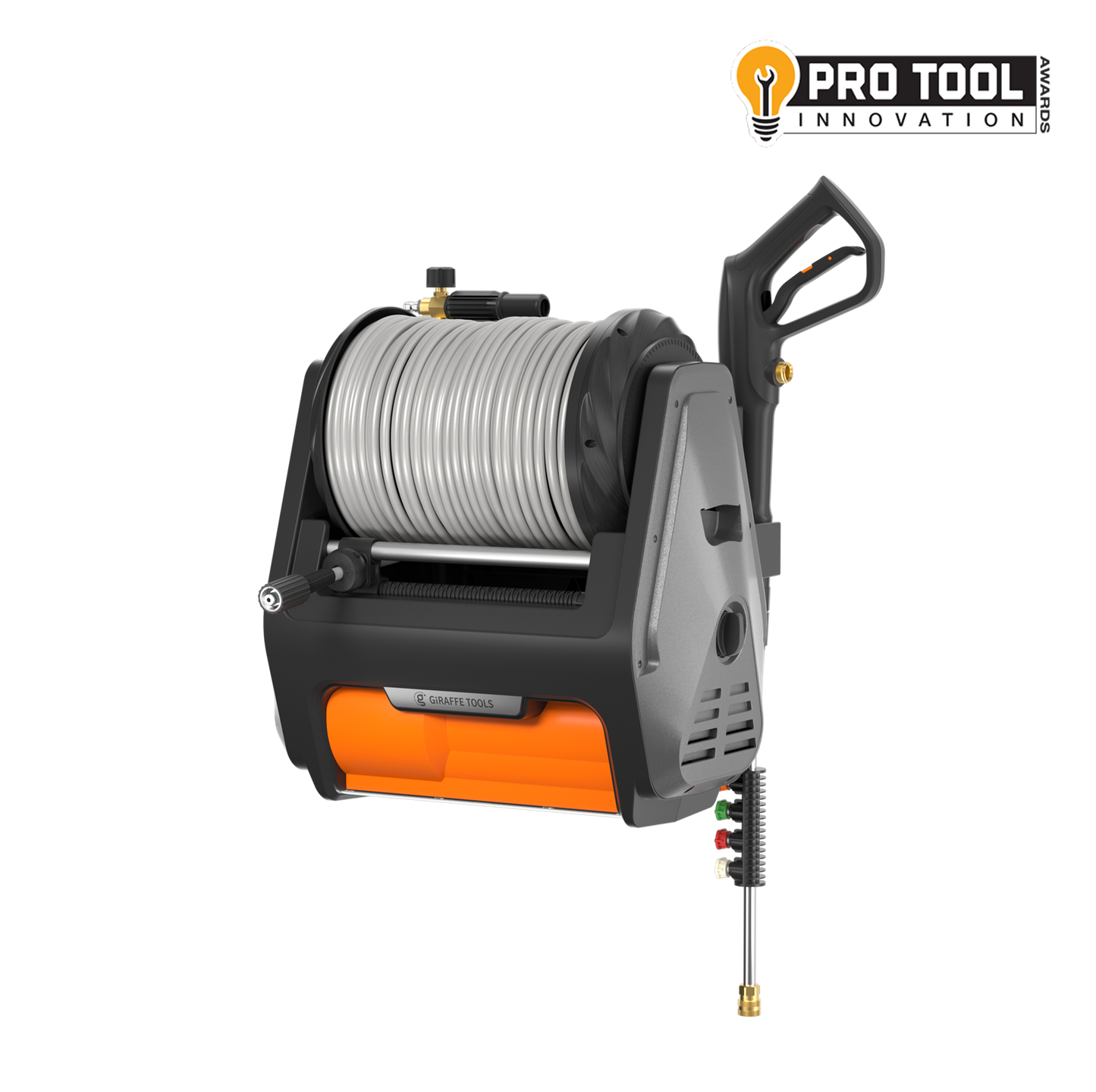Giraffe Tools US Grandfalls Retractable Pressure Washer Pro with hose reel, spray gun, and high-pressure nozzle in a storage position.