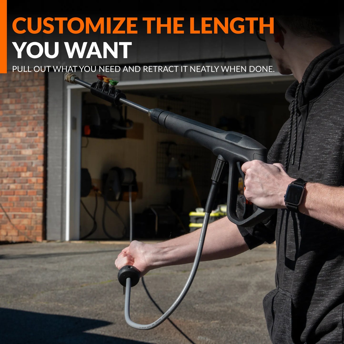 Giraffe Tools US Grandfalls Retractable Pressure Washer Pro with adjustable hose, compact design, and sturdy reel for easy storage