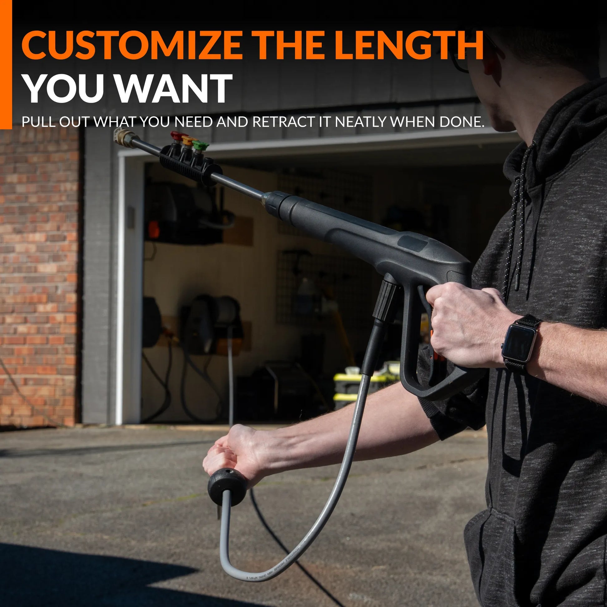Giraffe Tools US Grandfalls Retractable Pressure Washer Pro with adjustable hose, compact design, and sturdy reel for easy storage