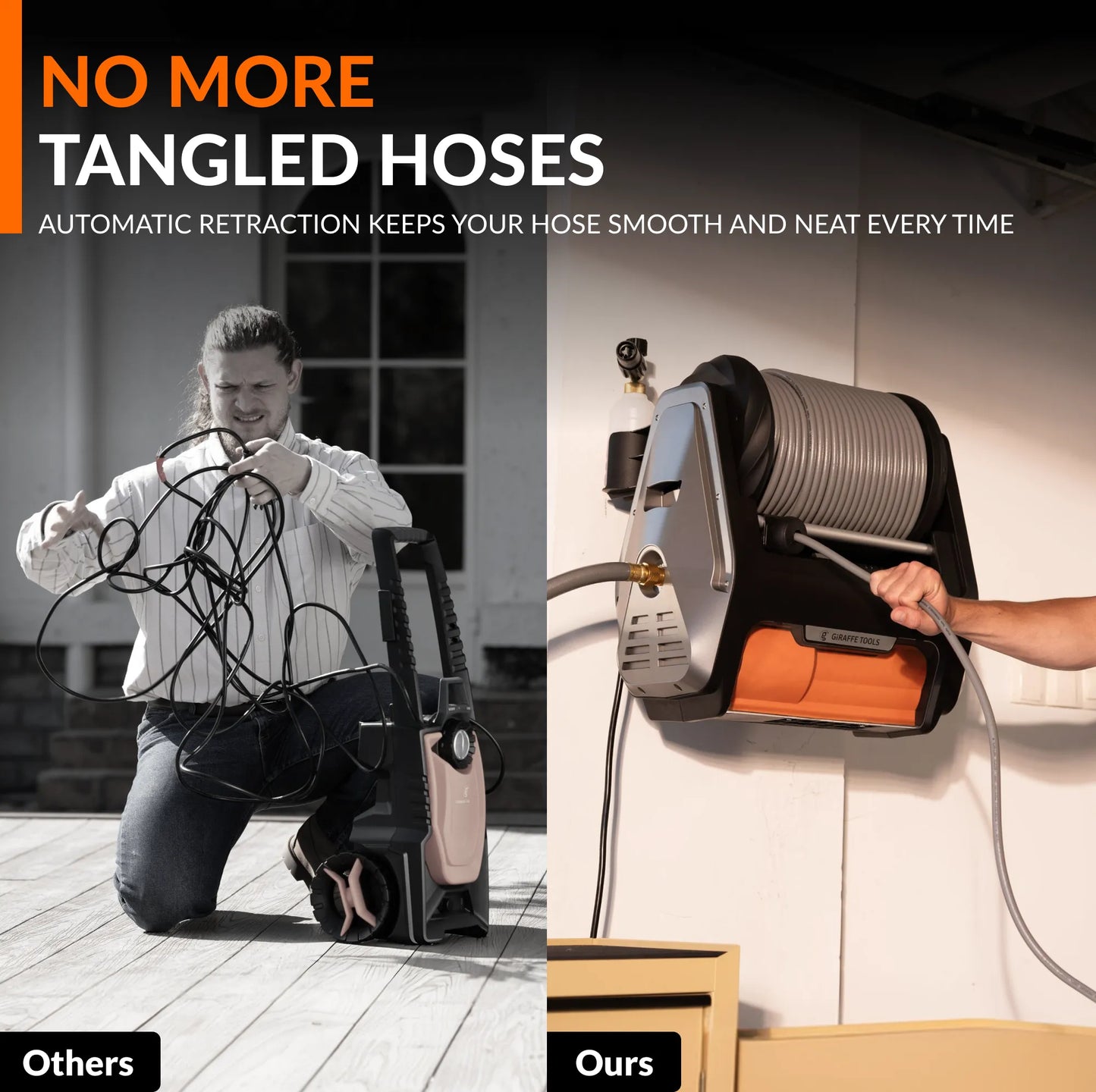 Giraffe Tools US Grandfalls Retractable Pressure Washer Pro with hose reel and nozzle, designed for easy cleaning tasks.