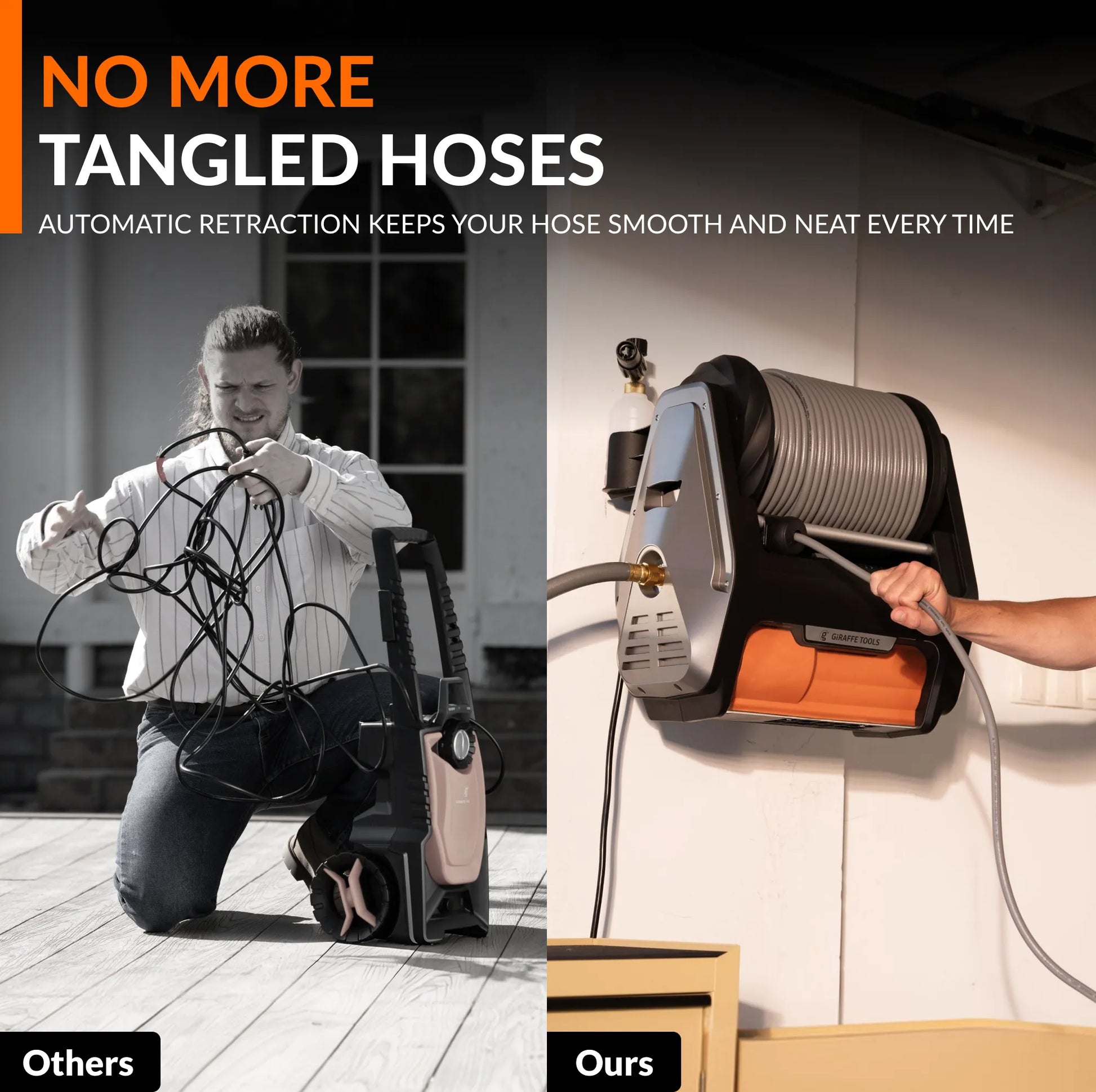 Giraffe Tools US Grandfalls Retractable Pressure Washer Pro with hose reel and nozzle, designed for easy cleaning tasks.