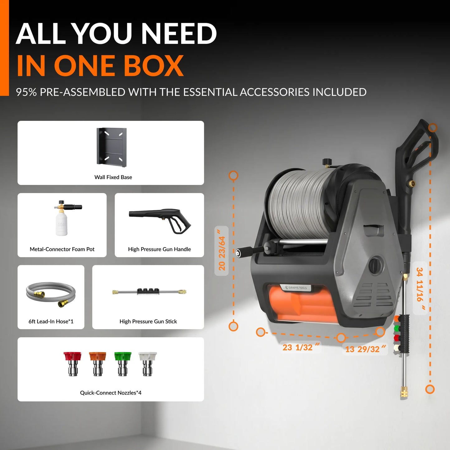 Giraffe Tools US Grandfalls Retractable Pressure Washer Pro with hose and accessories in packaging, showcasing the pressure washer setup
