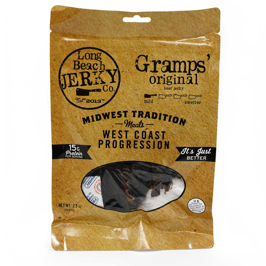 Gramps Original Flavor Beef Jerky in 2.5 oz package, showcasing savory, thin-cut beef jerky from BuyNebraska.com