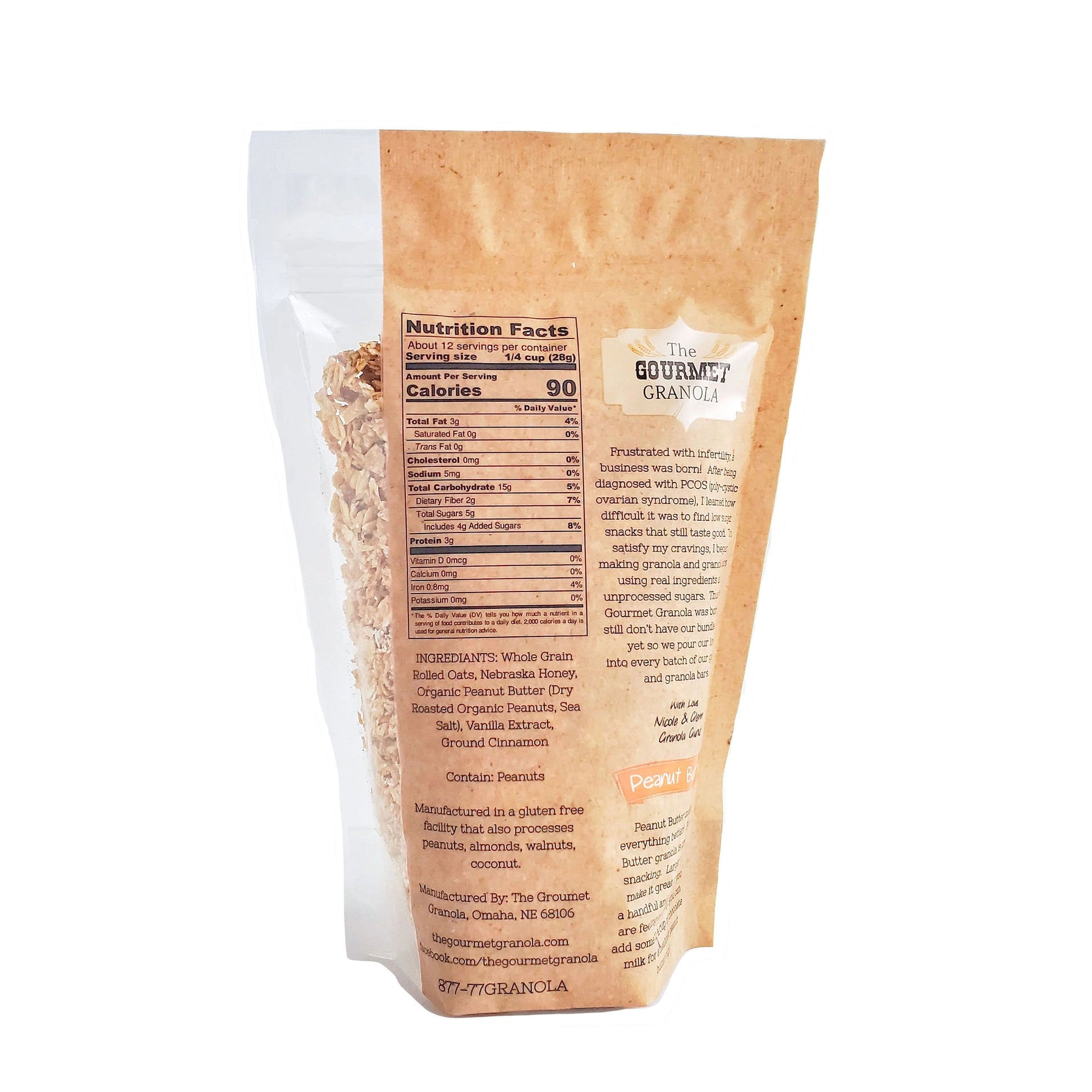 Two 12 oz packs of gluten, soy, and dairy-free peanut butter granola from The Gourmet Granola by BuyNebraska.com.