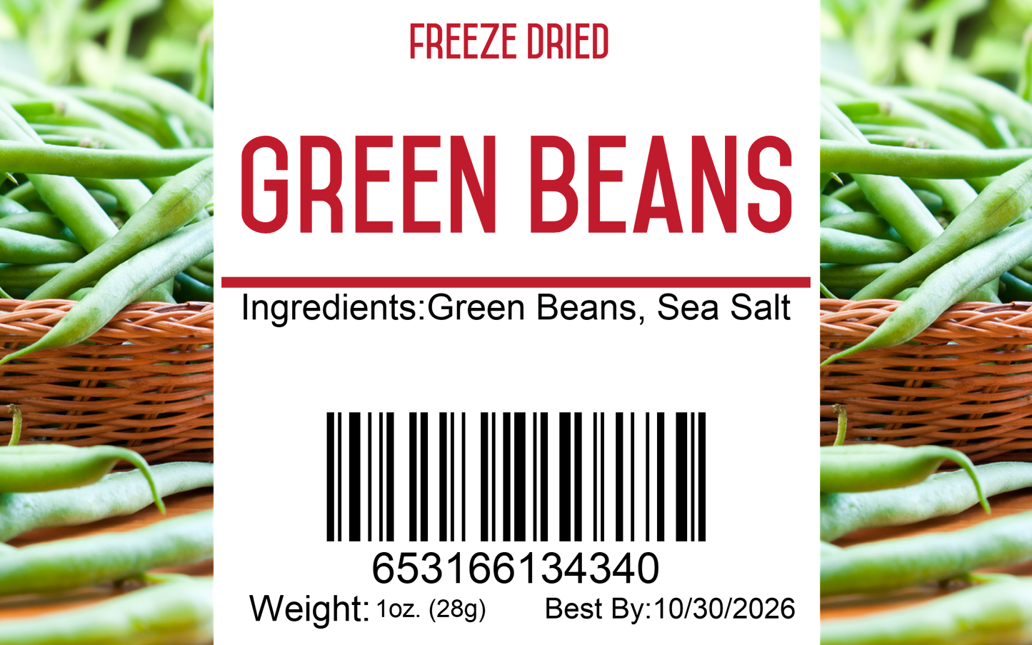 Freeze-dried green beans by Double L Ranch, fresh green beans preserved in a crisp, natural state for snacking or cooking.