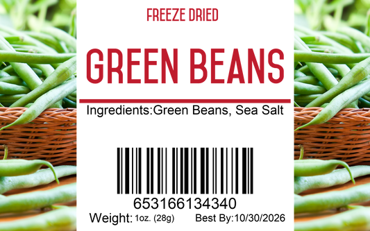 Freeze-dried green beans by Double L Ranch, fresh green beans preserved in a crisp, natural state for snacking or cooking.