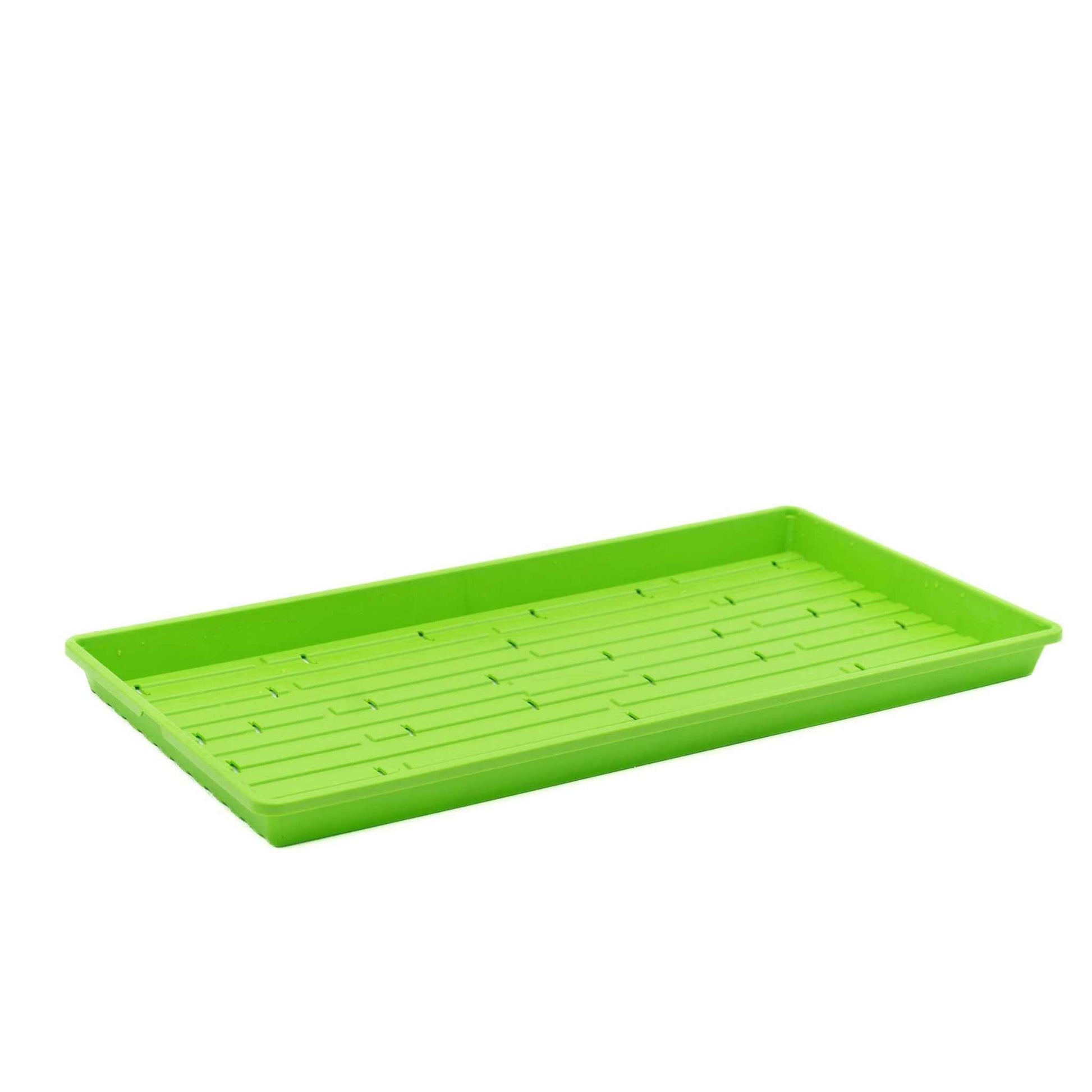 Green Bootstrap Farmer 1020 microgreen tray with holes, shallow extra strength design for easy microgreen cultivation.