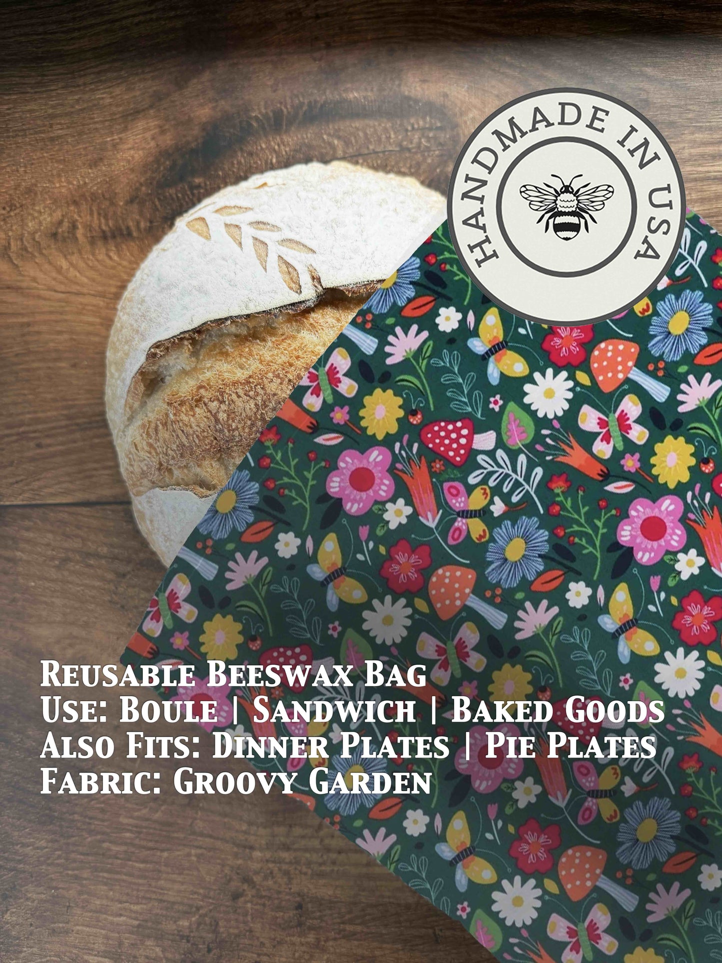 Beeswaxed bread bag from Five Oaks Farm, eco-friendly cloth storage bag with a natural beeswax coating for fresh bread.