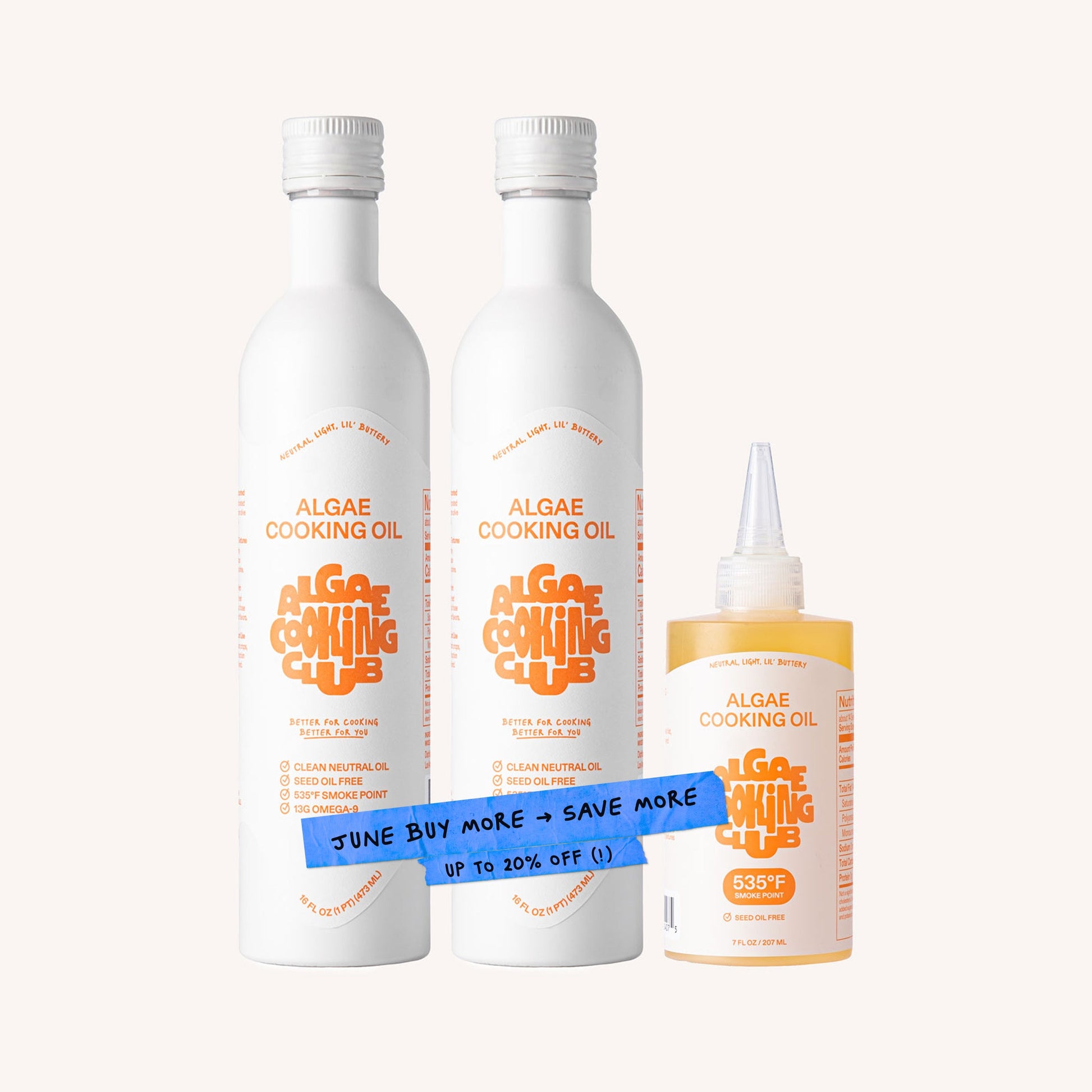 Algae Cooking Club algae cooking oil in a squeeze bottle, showing a clear container filled with golden oil.