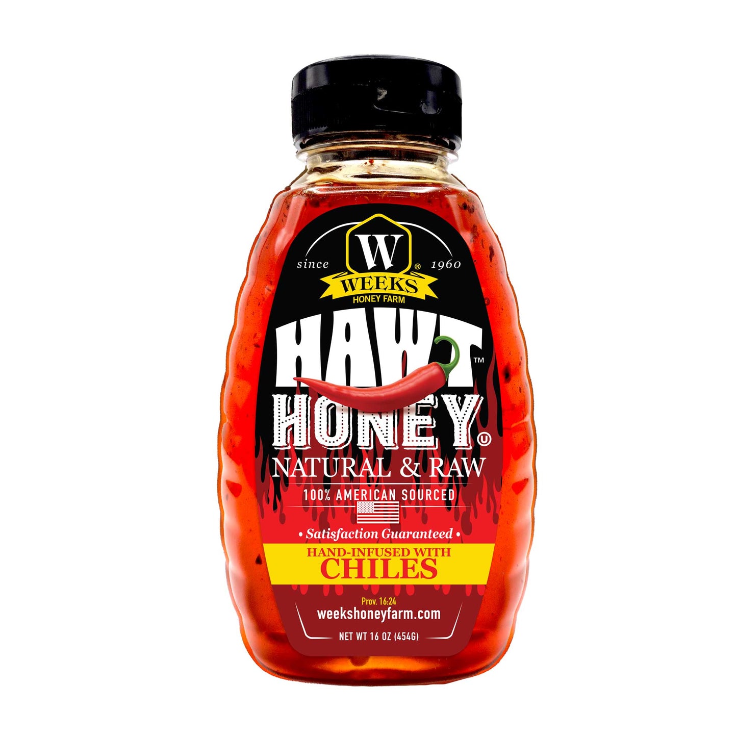 A 16 oz bottle of Weeks Hawt Honey from Weeks Honey Farm, featuring raw, natural honey hand-infused with chiles for a bold, spicy kick. The label displays a red chili pepper and highlights its Southern origin.