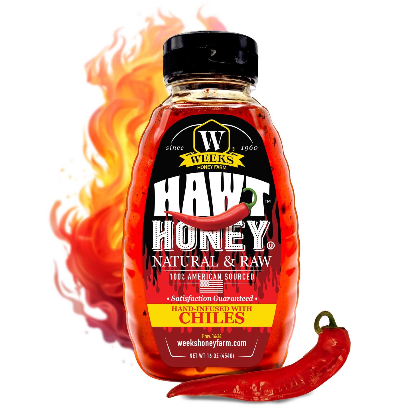 A bottle of Weeks Hawt Honey from Weeks Honey Farm, raw and naturally chile-infused Southern honey, displays a fiery red chili pepper graphic with flames on the label, plus a real red chili pepper in front.