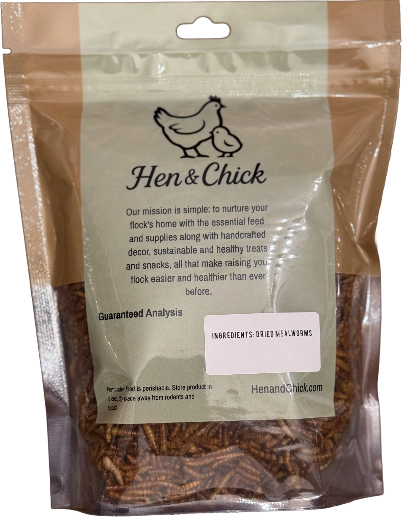 Back view of Hen & Chick Just Mealworms treat package, showing the product label and packaging design.