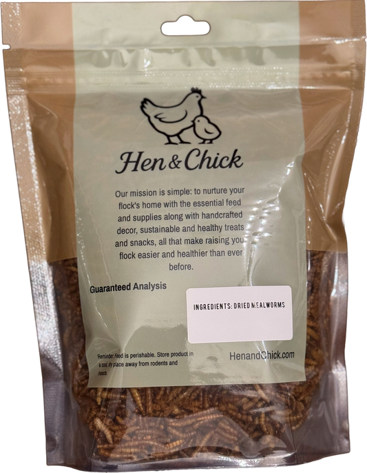 Back view of Hen & Chick Just Mealworms treat package, showing the product label and packaging design.