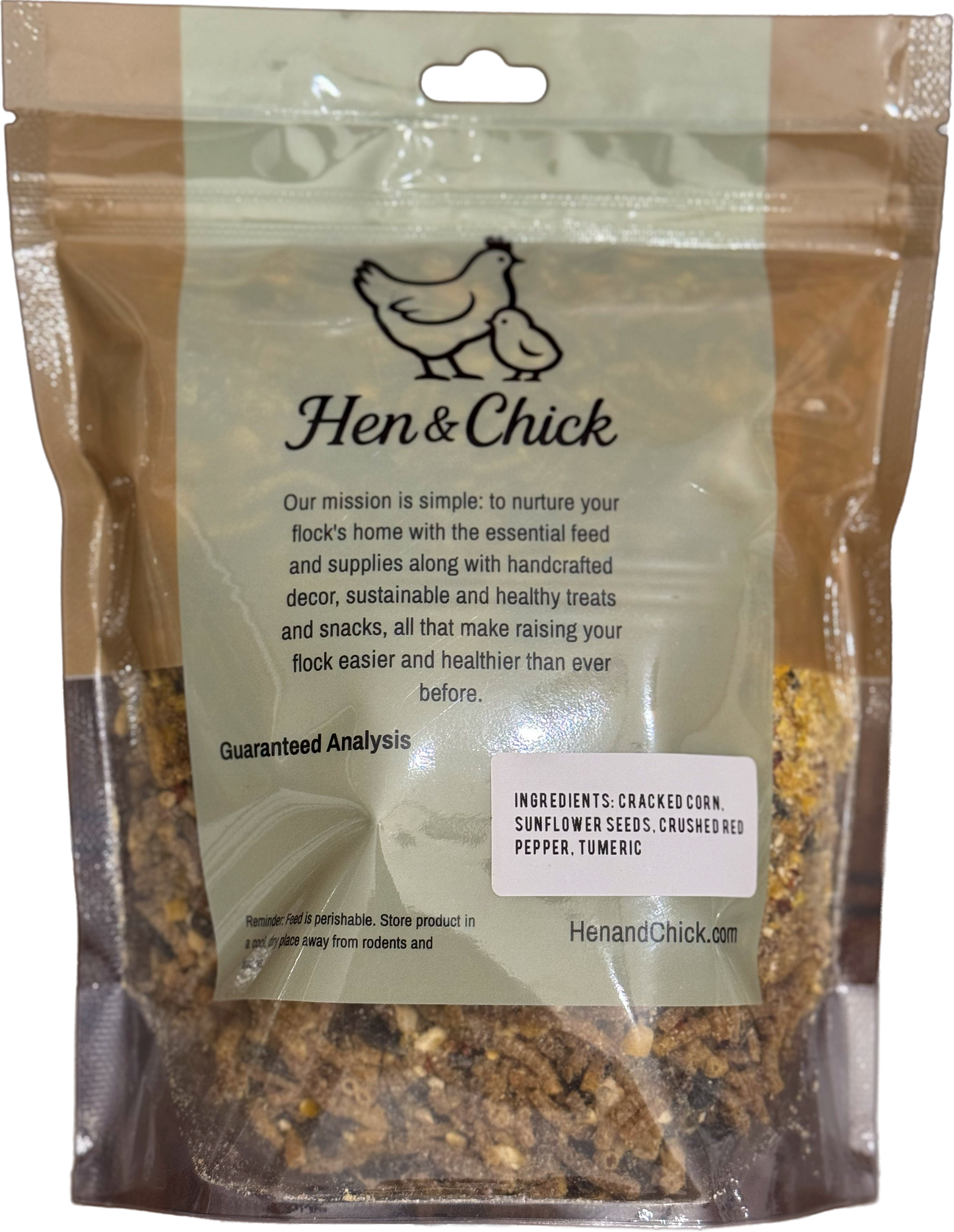 Hen & Chick Pasture Pickin' treat for pets, showing a close-up of the natural treat with colorful ingredients and packaging detail.