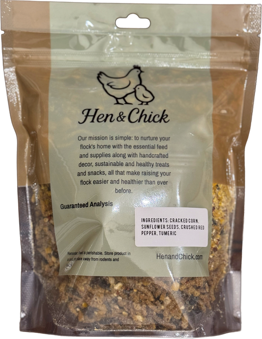 Hen & Chick Pasture Pickin' treat for pets, showing a close-up of the natural treat with colorful ingredients and packaging detail.