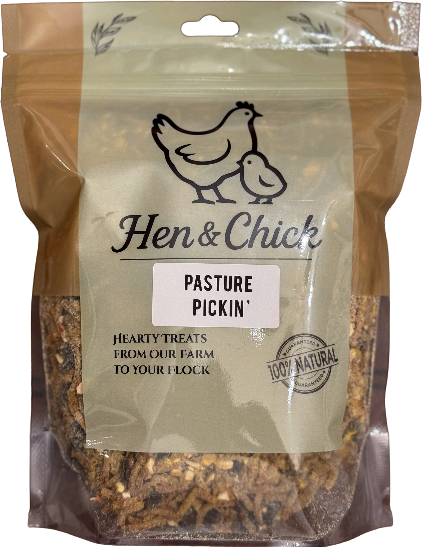 Hen & Chick Pasture Pickin' treat for pets, shown in front view with natural ingredients and colorful packaging.