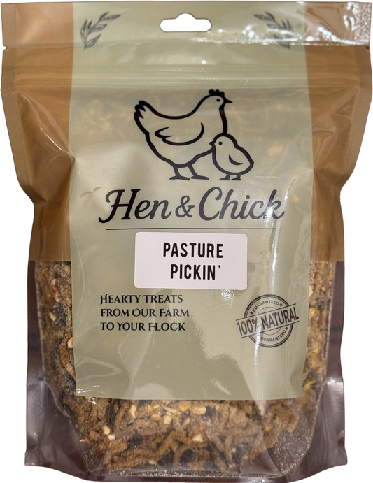 Hen & Chick Pasture Pickin' treat for pets, shown in front view with natural ingredients and colorful packaging.
