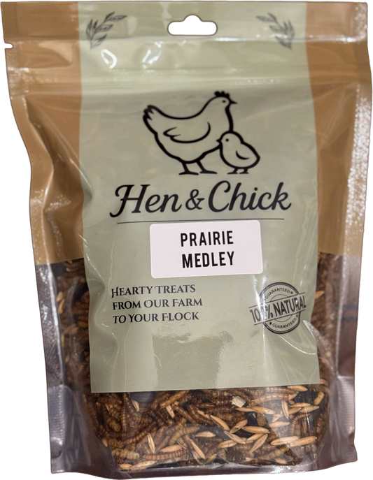 Hen & Chick Prairie Medley treat in a colorful package with natural ingredients and vibrant design.