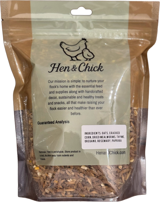Back view of Herb & Hen treat by Hen & Chick, featuring fresh herbs and natural ingredients in a packaged treat.