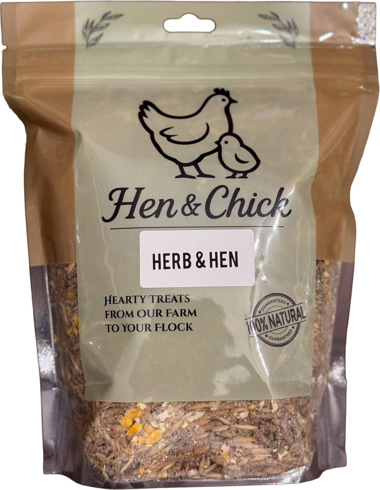 Hen & Chick Herb & Hen treat in a front view, featuring natural ingredients and packaging design.