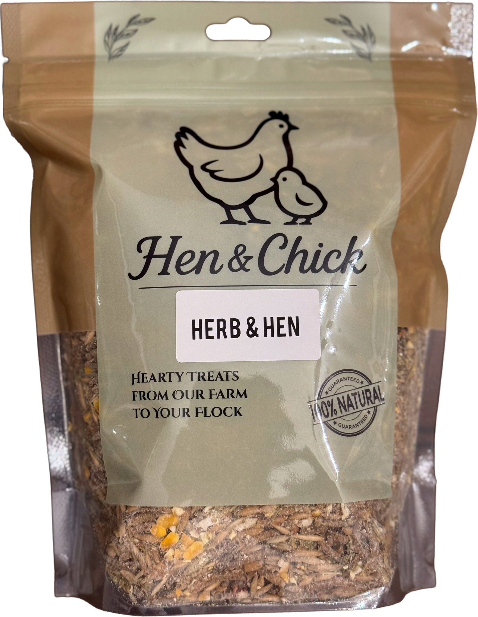 Hen & Chick Herb & Hen treat in a front view, featuring natural ingredients and packaging design.