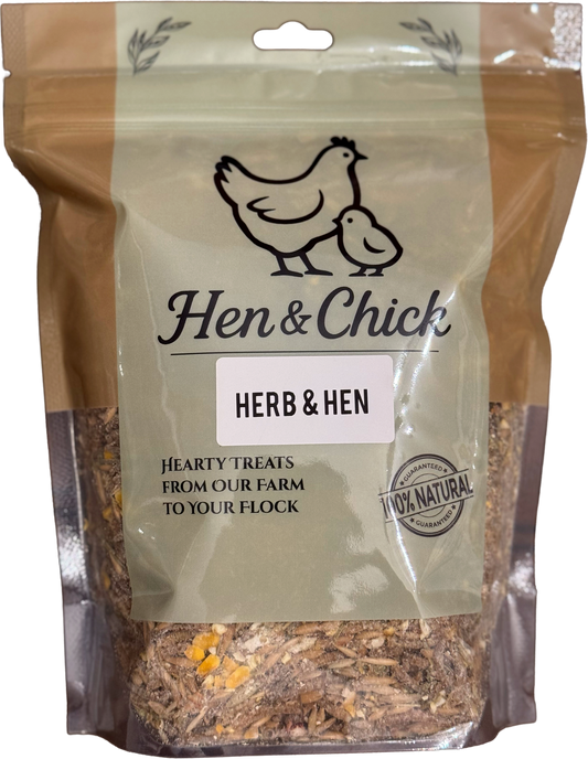 Hen & Chick Herb & Hen treat in a front view, featuring natural ingredients and packaging design.