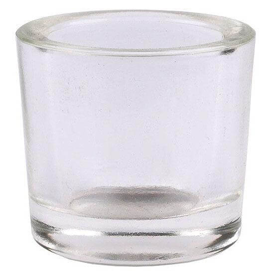 Bluecorn Candles heavy glass votive candle holder made from 50% recycled glass, with a clear, cylindrical design and smooth finish.