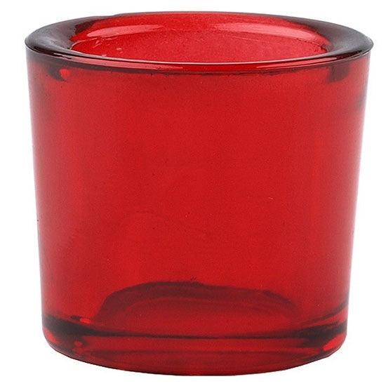 Bluecorn Candles heavy glass votive candle holder made from 50% recycled glass, with a clear, cylindrical design.
