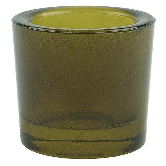 Bluecorn Candles heavy glass votive candle holder made from 50% recycled glass, featuring a clear, sturdy design.