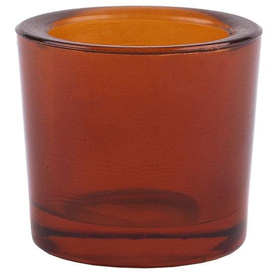 Bluecorn Candles heavy glass votive candle holder made from 50% recycled glass, with a clear, cylindrical design and smooth finish.