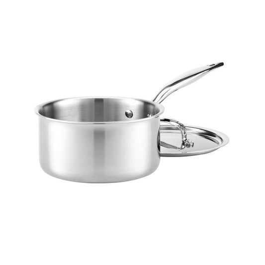 Heritage Steel Titanium Series 3-quart saucepan with lid, showcasing durable cookware with a stainless steel handle and polished finish.