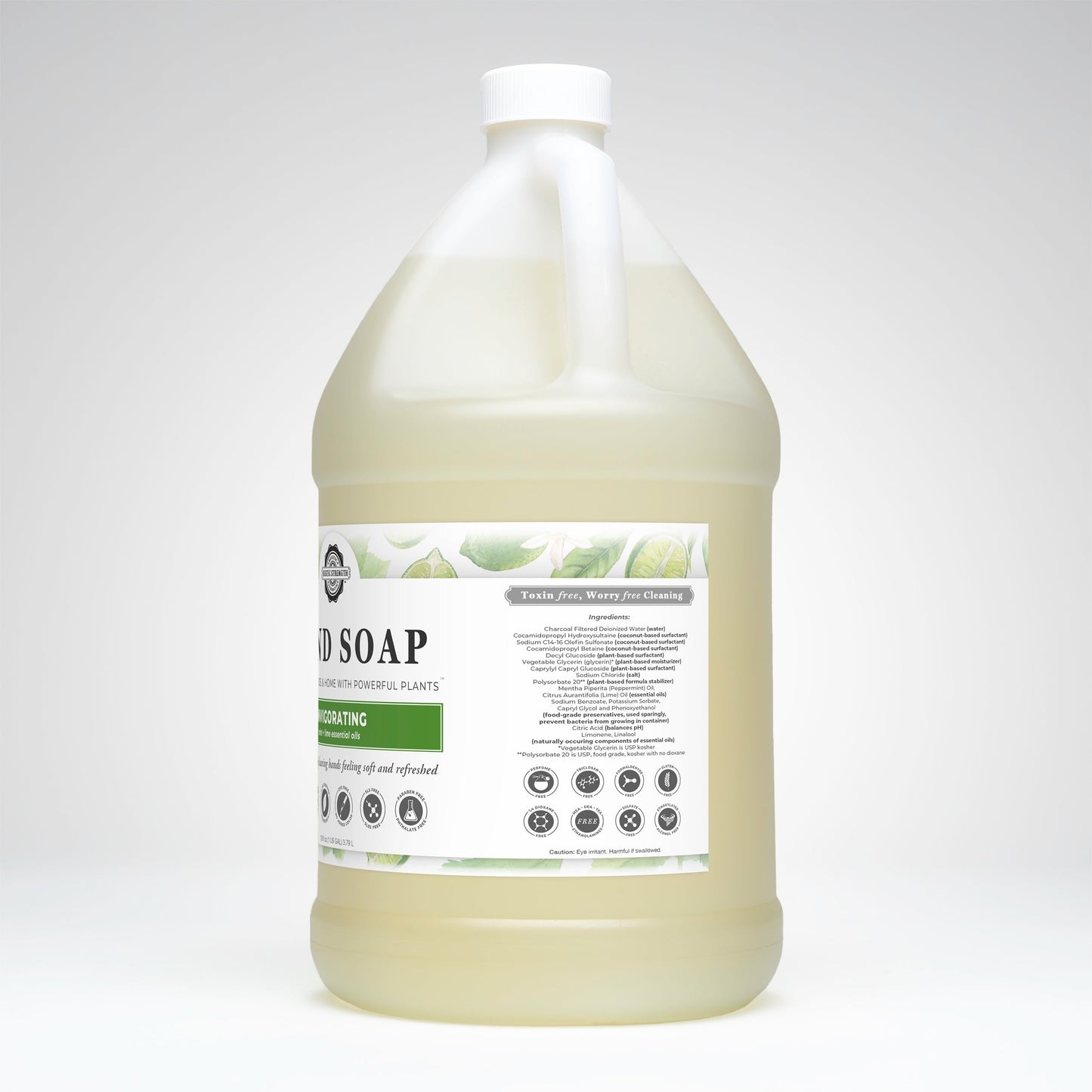 A large, clear plastic gallon jug of Rustic Strength Hand Soap | Invigorating, biodegradable liquid hand soap with a white cap and a green and white label on a plain white background.