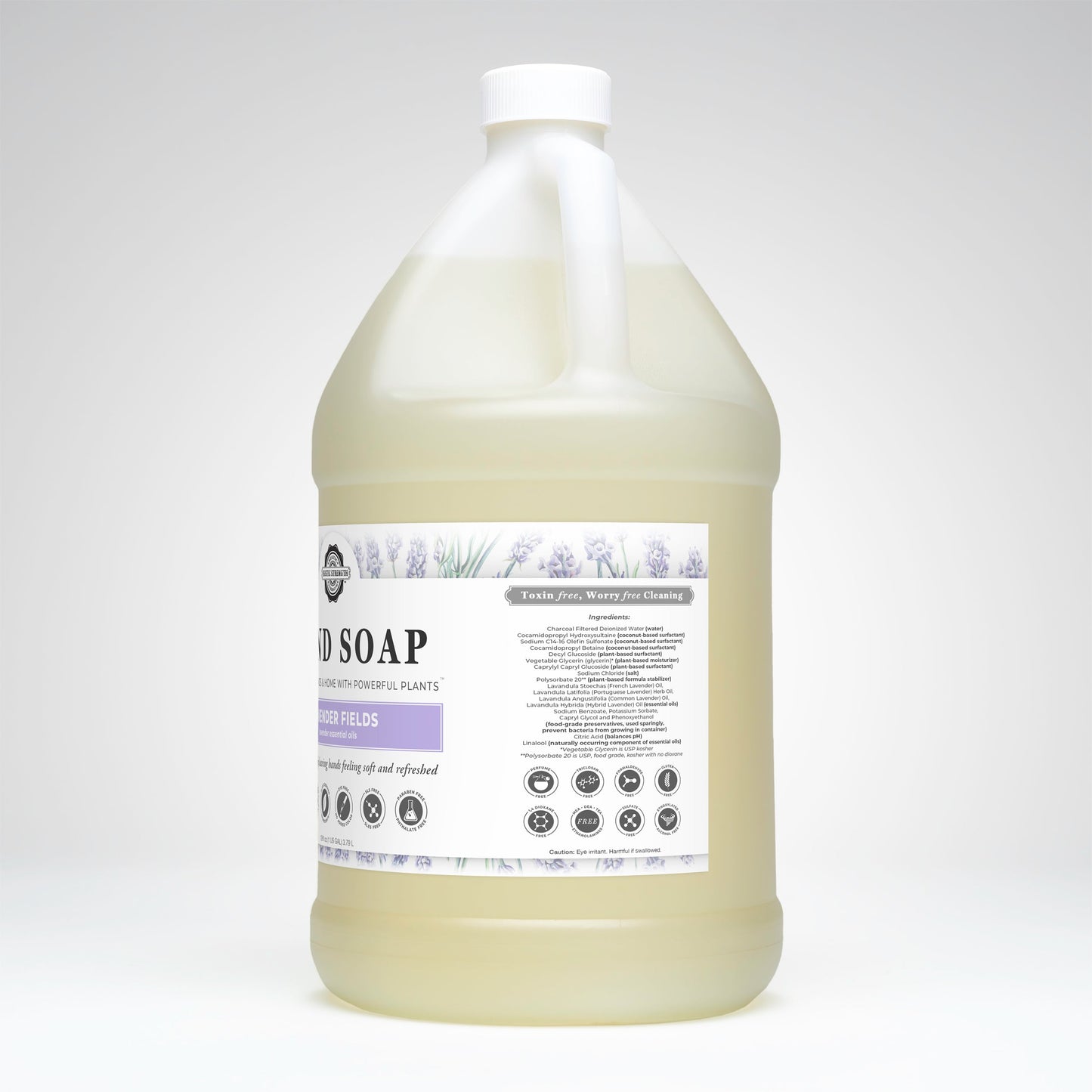 A large, clear gallon jug of Rustic Strength Hand Soap | Lavender Fields with a white cap. The label shows lavender illustrations and “Liquid Soap” plus “Proper Fields” scent text. Background is plain light gray.