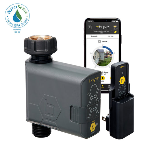 Orbit Irrigation Gen 2 B-hyve Smart Hose Watering Timer connected to a smartphone for automated garden irrigation control.